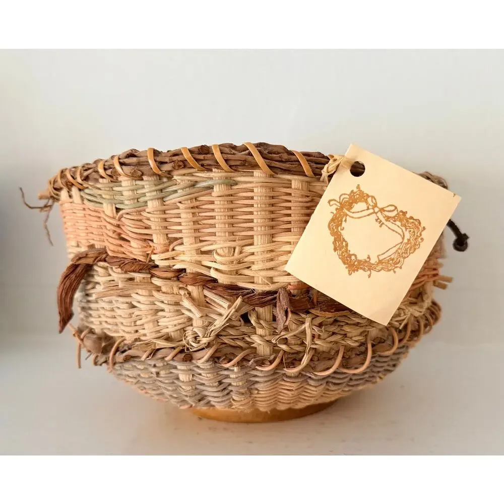 Vintage Handcrafted Tapestry Basket Woven Signed Artisan Folk Art Edna Zaremba